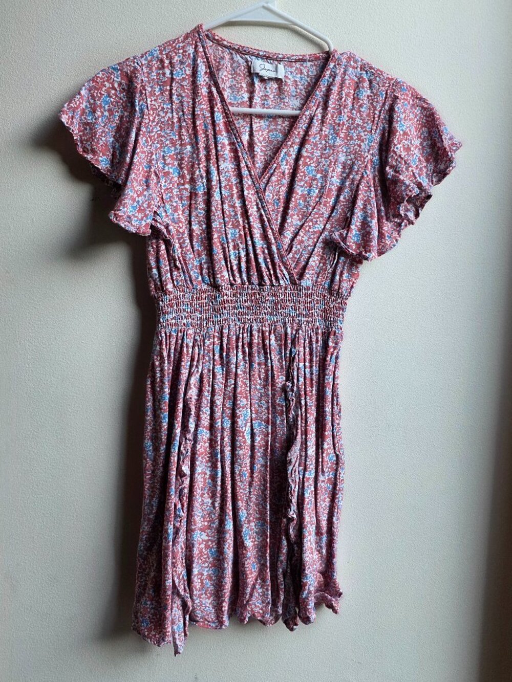 Japna Pink/Blue Floral V-Neck Ruffled Dress Size XS